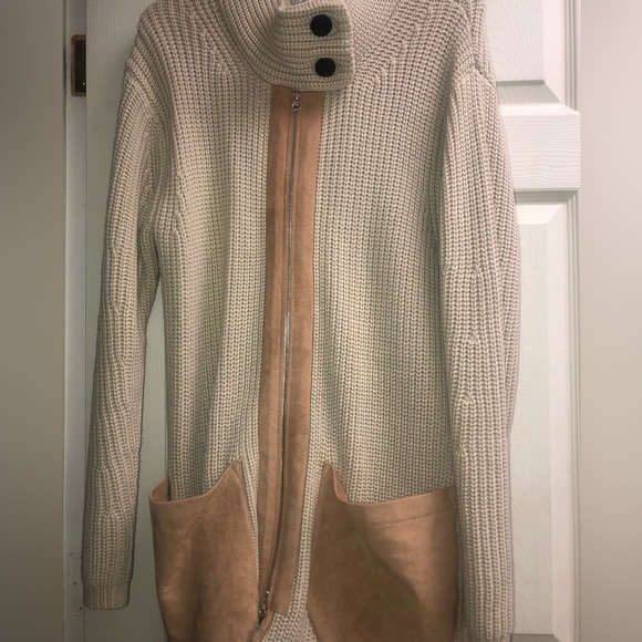 New York & Company tan sweater with faux suede trim & pockets in camel; - Picture 5 of 6